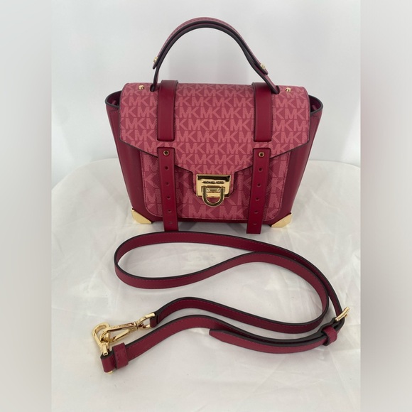 Michael Kors Handbags - Michael Kors Raspberry Monogram Satchel Crossbody with Gold Hardware